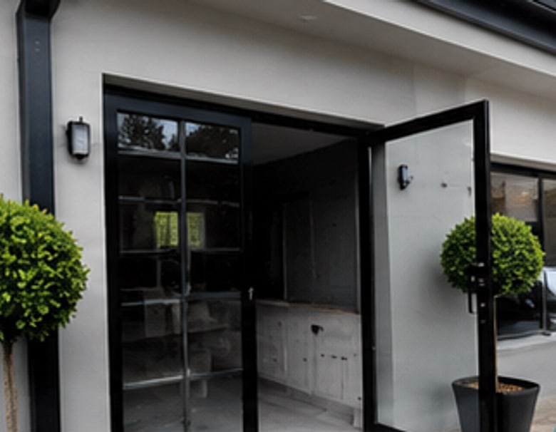 Freshly painted white home exterior with black steel doors, painting by MZ Steel & Construction